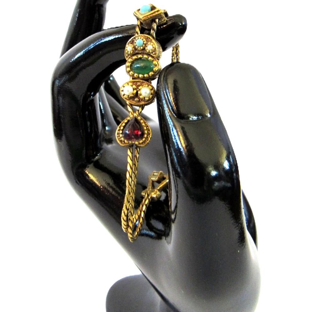 Goldette NY bracelet Victorian Revival Slide charms gold tone 1960 size 6.5
